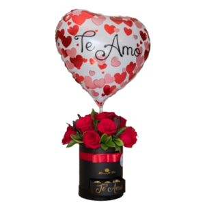 Box con rosas rojas y globo