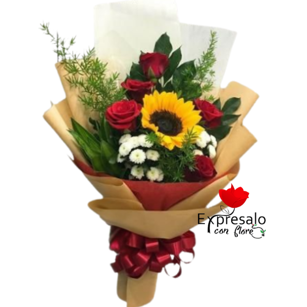 Ramo de 5 Rosas y 1 Girasol