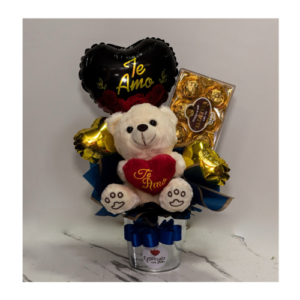 Cubeta con peluche y globos.