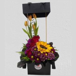 Box con Claveles, rosas y tulipanes.
