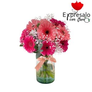 Jarron con gerbera y gipsophilia