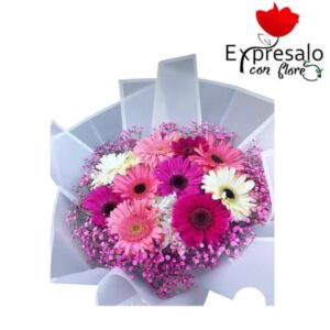 Ramo de gerveras color lavanda y gisophilia color fucsia envuelto con papel fino