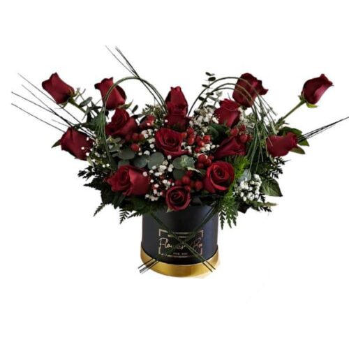 Box negro con 12 rosas ecuatorianas , hipericus y gipsophilia