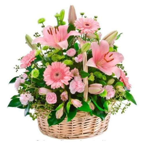 Canasto con lilium, gerberas , mini clavel y astrmelia