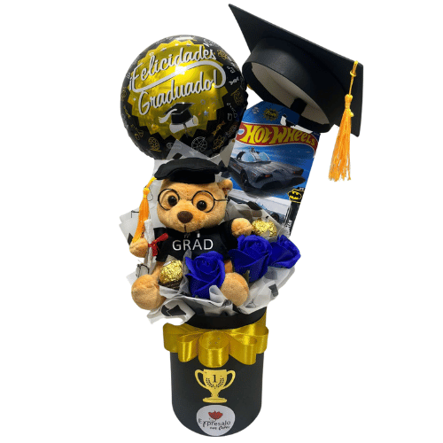 Box de Graduación Hot Weels ,rosas eternas , globo ybombones