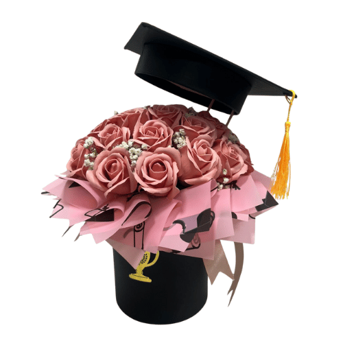 Box de graduación con topiario de rosas de jabón
