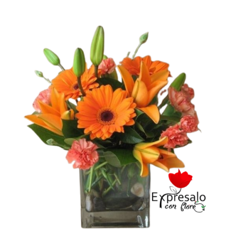 Cubo con Flores Naranjas
