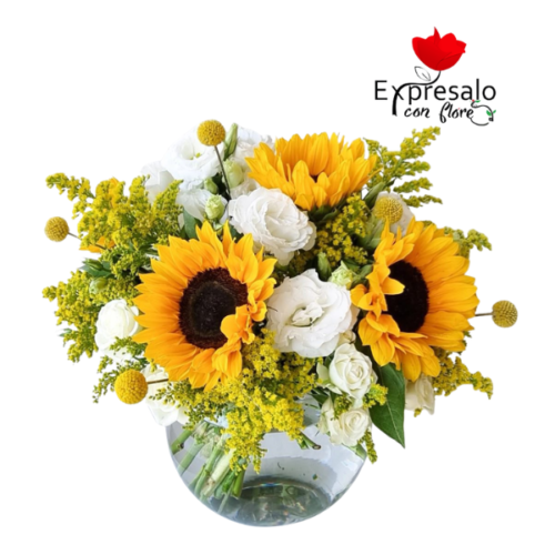 Pecera en Girasoles y Lisianthus Blancos