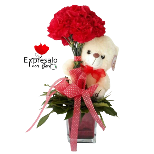 Arreglo con claveles y peluche
