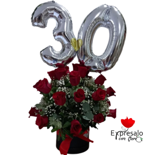 Box Con Rosas y Globos Numéricos