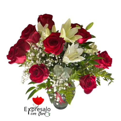 Florero de Lirios y Rosas Rojas