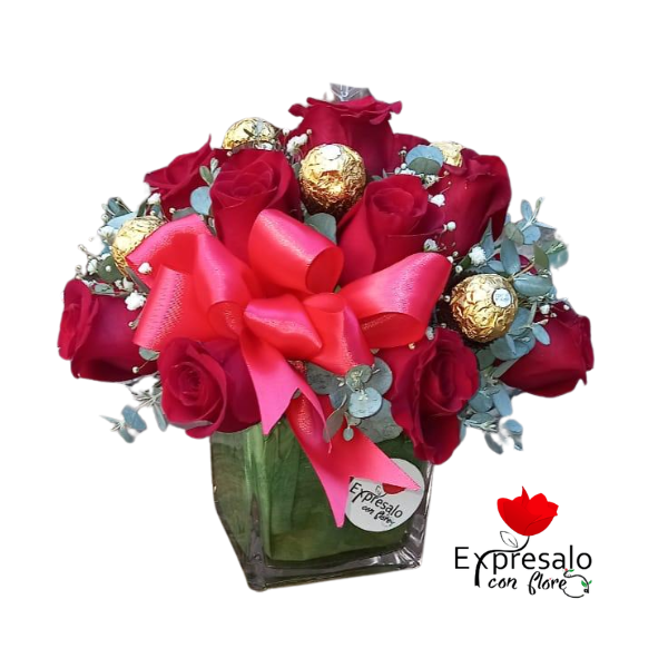 Cubo Con 10 Rosas y Bombones