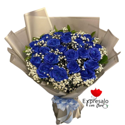 Fino Ramo Con 20 Rosas Azules