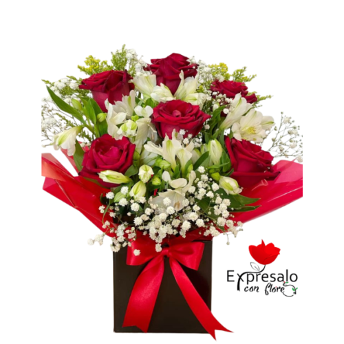 Box con Rosas Rojas y Astromelias