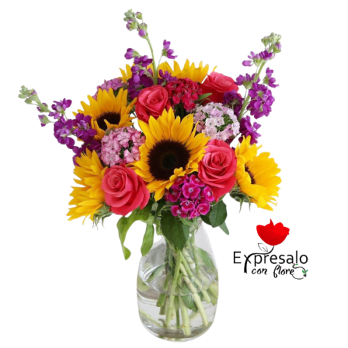 Florero con Rosas y Girasoles