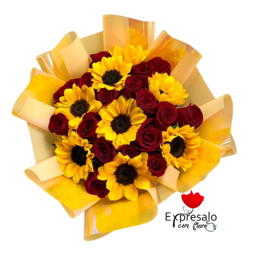 Rosas Rojas y Girasoles en Ramo Buchon