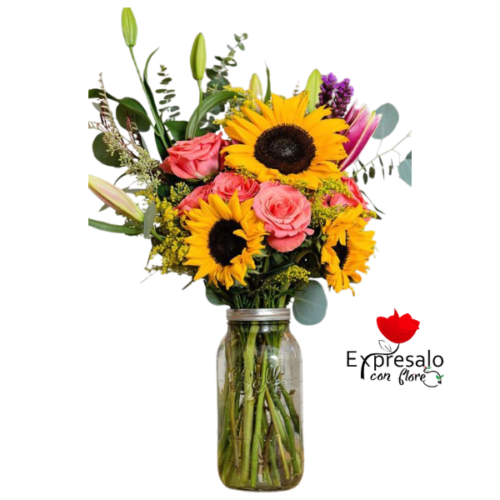 Girasoles y Rosas Rosadas en Florero