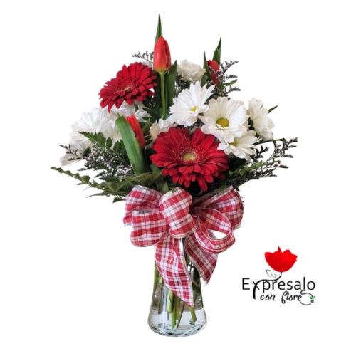 Florero con Flores Rojas y Blancas