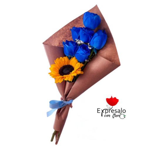 Rosas Azules y Girasol en Ramo