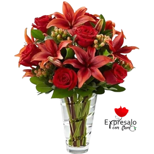 Florero con Rosas Rojas y Lirios Rojos