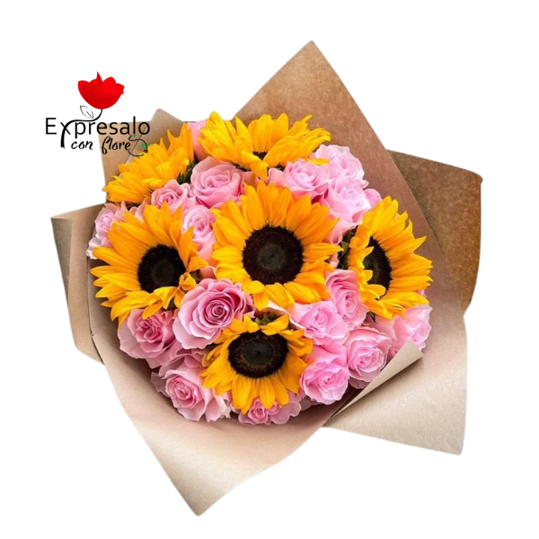Rosas Rosadas y Girasoles en Ramo