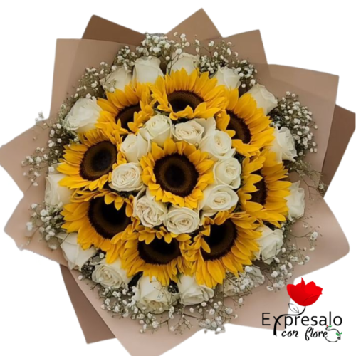 Ramo Buchón con Rosas Blancas y Girasoles
