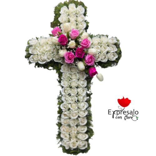 Cruz Fúnebre de Rosas Eternas Blancas y Rosadas