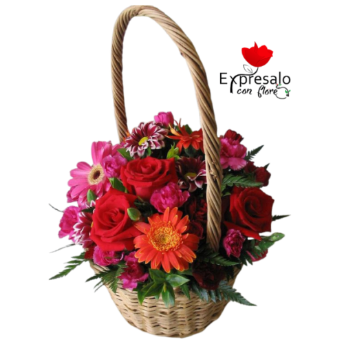Canasto con Rosas y Gerberas