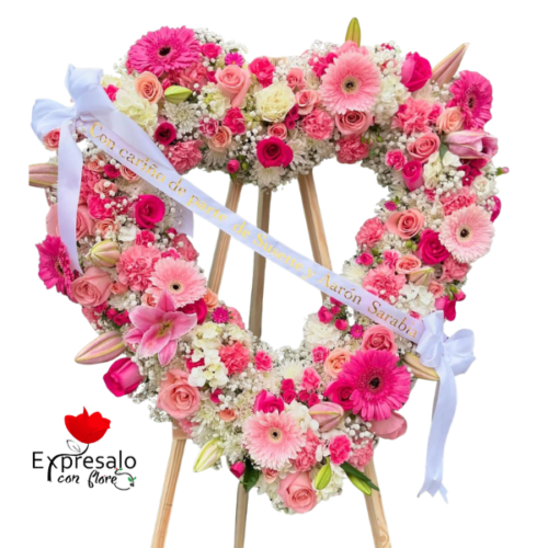 Corazon de Condolecias con Flores Rosadas