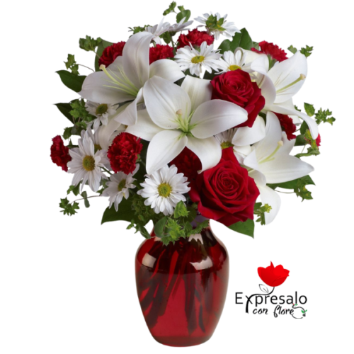Florero en Lirios Blancos y Rosas Rojas